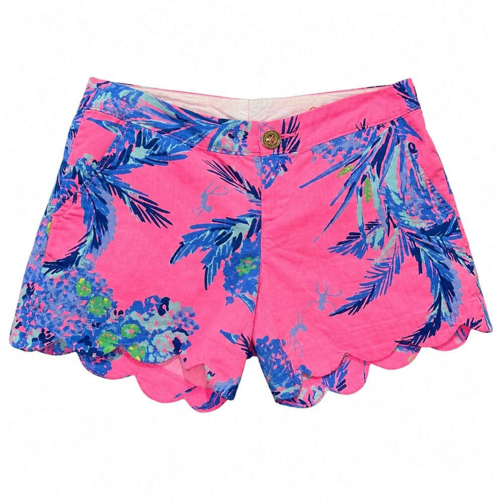Lilly Pulitzer Buttercup Shorts Womens 0 Pink Scalloped Tropical Floral Monkey